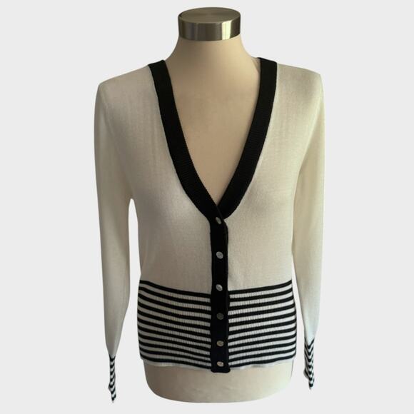 Notations Small Button Front Cardigan Sweater White Black Polyester - Picture 1 of 8